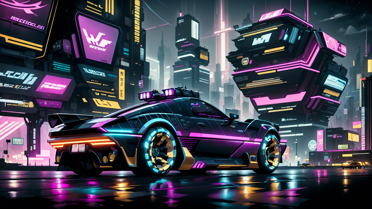 black futusiticc Sprot Car, Metalic Black with purple Stripes, driving through the futuristic City by night