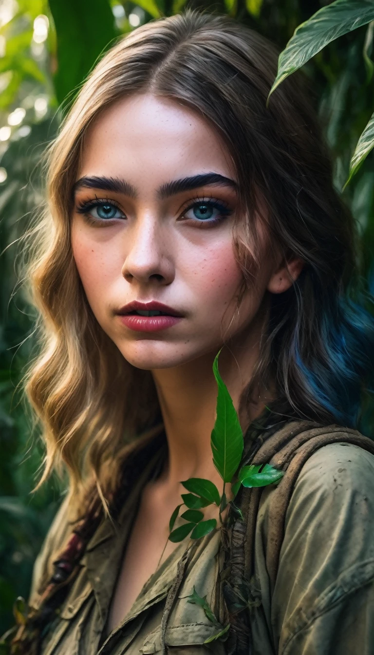 a young woman in a lush jungle, Emma Myers, beautiful detailed eyes, beautiful detailed lips, extremely detailed face, long eyelashes, adventurous expression, dirty torn clothes, covered in mud, holding a large knife, vines and foliage surrounding, vibrant colors, natural lighting, photorealistic, cinematic composition, award winning digital art