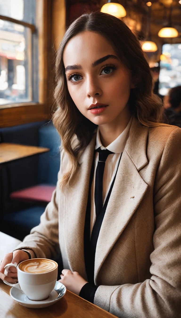 a girl in a cafe, emma myers, beautiful detailed eyes, beautiful detailed lips, extremely detailed eyes and face, long eyelashes, girl drinking coffee, warm lighting, cozy cafe interior, photorealistic, highly detailed, 8k, (best quality,4k,8k,highres,masterpiece:1.2),ultra-detailed,(realistic,photorealistic,photo-realistic:1.37),warm colors, natural lighting, intricate details, soft focus, cinematic, elegant, beautiful