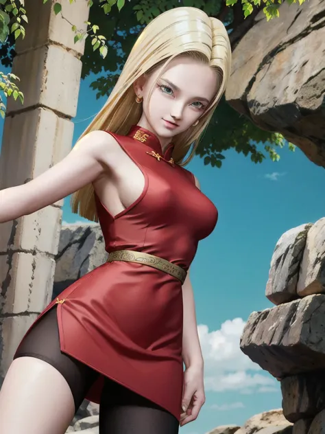 android 18, blonde long hair, (((long straight hair))), blue eyes, ((slit red cheongsam)), (red sexy cheongsam), slit (((red))),...