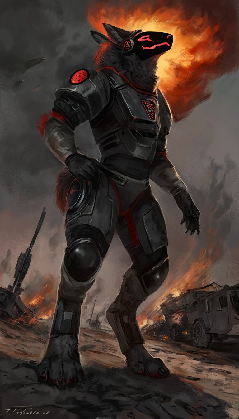 male, (pitch black protogen viso with red protogen face on it), (white protogen fur), protogen fighter,  military destroyer unit, protogen, comic book style, illustration, solo, masterpiece, best art, full body, digitigrade, by oouna, by taran fiddler, wearing black fighter spacesuit , detailed hands, tall, detailed torso, dark and griddy, apocalyptic, sitting by a campfire, detailed paws, looking at viewer startled, head turned toward viewer, confused expression, silent hill kind of feeling, detailed protogen face expression, 