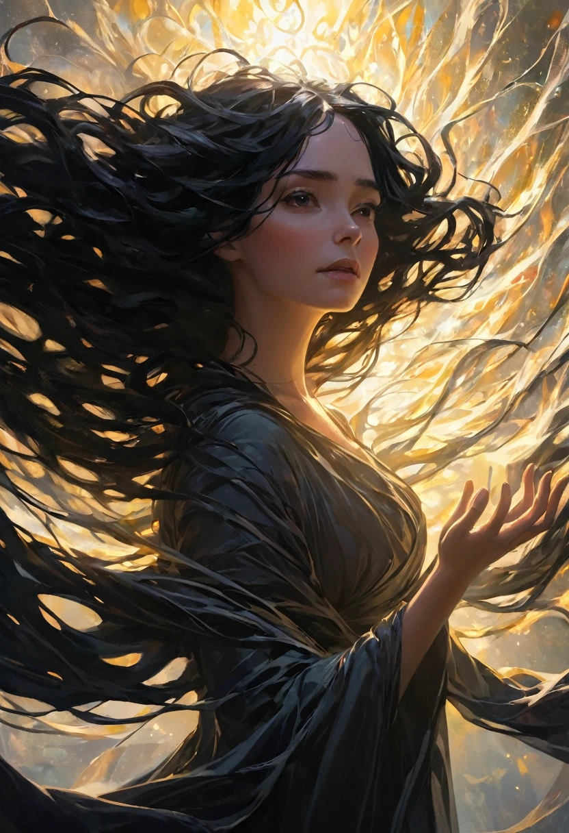 A young woman trapped in her own black hair, which is tightly wrapped around her and spreads throughout the entire scene. Despite the entanglement, she stretches out her arms, with her fingers reaching forward, symbolizing her courage to break free from the burdens. The hair represents obstacles, and faint light glows near her hands, hinting at the beginning of hope and bravery. The woman’s expression is one of determination and resolve, The light in the picture hits her face from above and needs to be darkened all around.