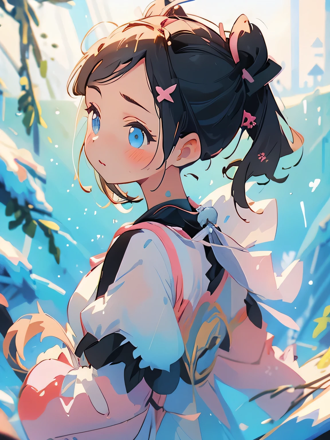 (masterpiece), (best quality), ultra high res, sharp focus, warm pastel tone, ((1 girl, solo)), upper body, side profile shot beautiful detailed hair, ((black hair)), (pink ribowns on the hair), beautiful detailed face, ((beautiful shape eyes, blue eyes)), perfect feminine face, head up, looks up, surprise face, open lips, (winter outfit, (pink dress), (marnie pokemon), (ponytails), (assymmetrical bangs), (winter), (snow), (blush)