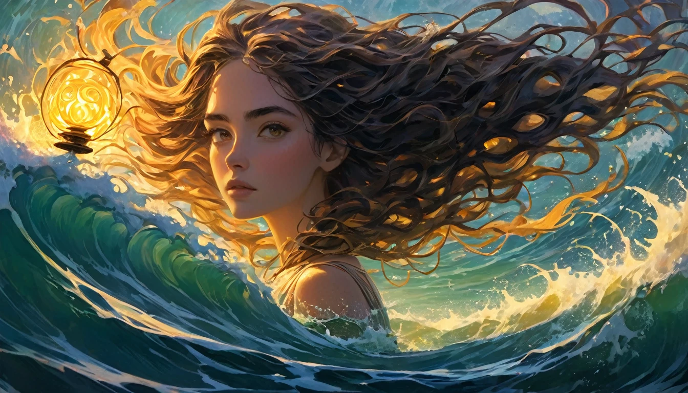 “A girl navigating a small boat on an ocean where the waves are formed by her own flowing hair. The hair gradually changes color from dark to vibrant hues, symbolizing the transformation of obstacles into the force driving her forward. The woman is at the helm, facing the challenges with determination. The boat features a small lantern at the front, with the word ‘Courage’ inscribed on it. The dynamic waves emphasize the struggle and the power of courage.”