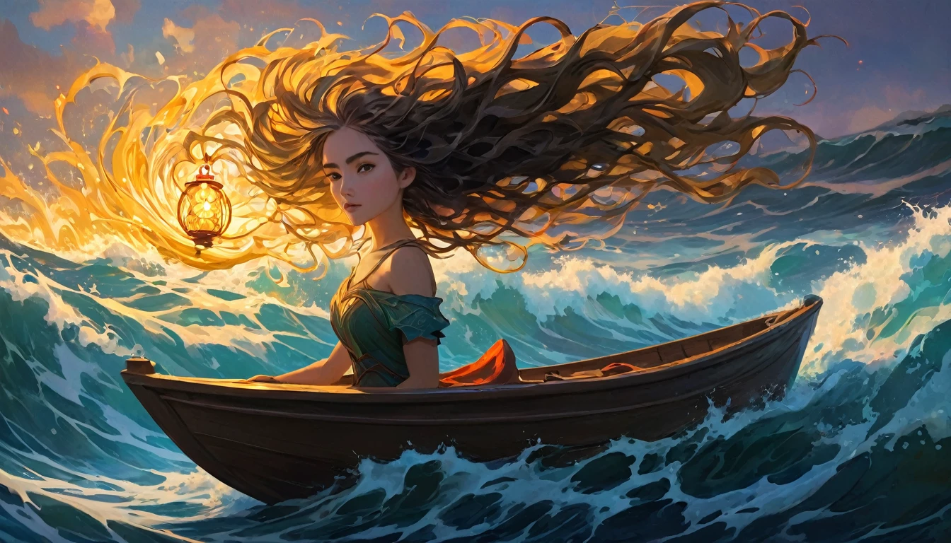 “A girl navigating a small boat on an ocean where the waves are formed by her own flowing hair. The hair gradually changes color from dark to vibrant hues, symbolizing the transformation of obstacles into the force driving her forward. The woman is at the helm, facing the challenges with determination. The boat features a small lantern at the front, with the word ‘Courage’ inscribed on it. The dynamic waves emphasize the struggle and the power of courage.”