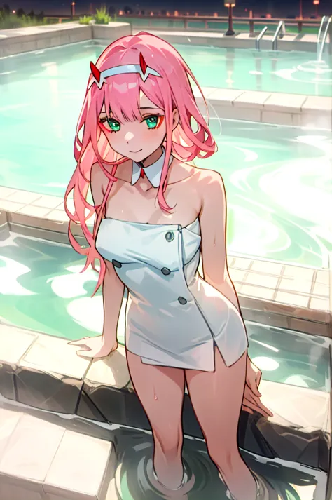 masterpiece, best quality, (1girl), zero_two, darling in the franxx\(series\), towel, detached collar, outdoor, night Hot spring...