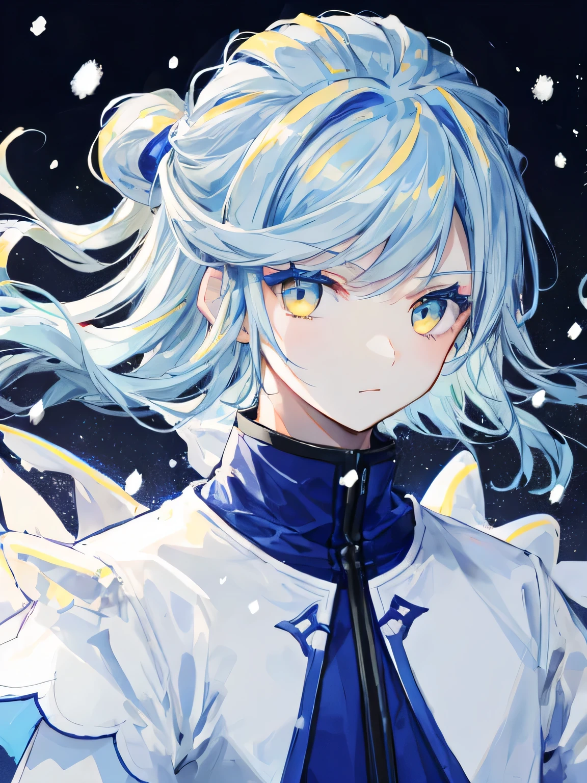 top quality、Best quality、Super detailed、perfect face、Very detailed、very delicate、1 boy, (Cute), an angel, light blue hair、Half up、Place々Blue Grid、blue and yellow eyes with gradient、noble outfit、snow mountain、Snow is blowing、nature