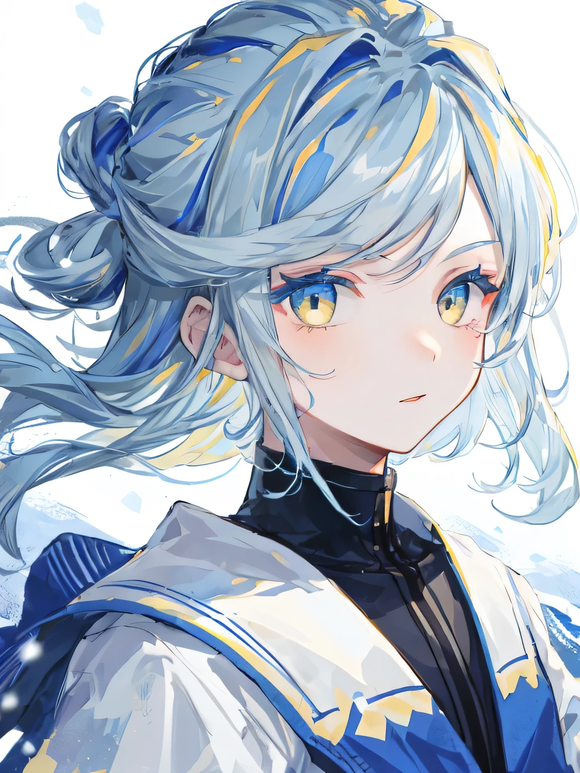 top quality、Best quality、Super detailed、perfect face、Very detailed、very delicate、1 boy, (Cute), an angel, light blue hair、Half up、Place々Blue Grid、blue and yellow eyes with gradient、noble outfit、snow mountain、Snow is blowing、nature