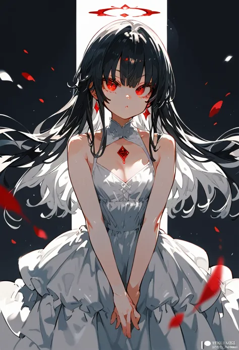 Black hair, red eyes, white dress with black, , photographed at eye level