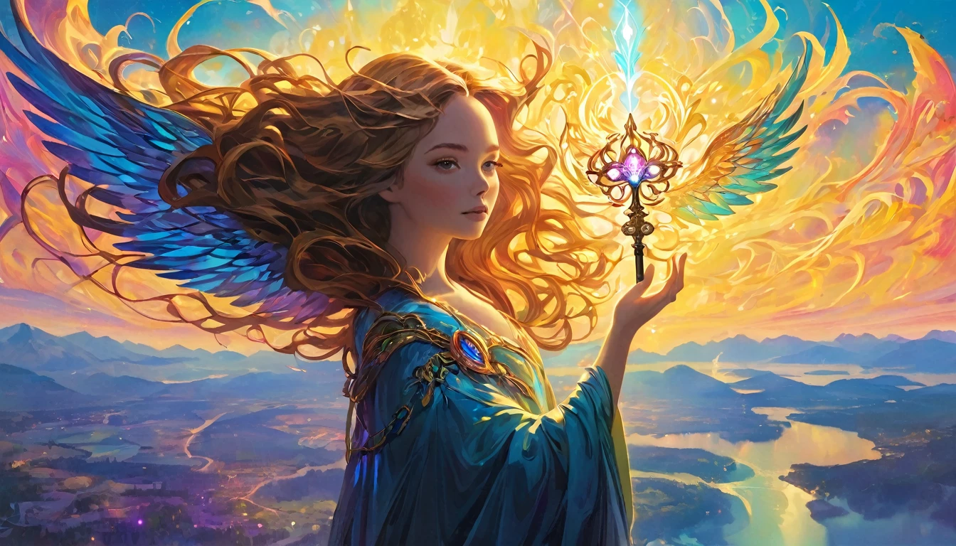 A girl holding a glowing key in her hand, representing the source of her courage. Her hair transforms into radiant, wing-like shapes, symbolizing her newfound  and breakthrough. The background is filled with bright colors and light, suggesting a hopeful and expansive future. The woman stands on a high point, overlooking a vast, illuminated landscape, embodying her growth and liberation from past constraints, dramatic light