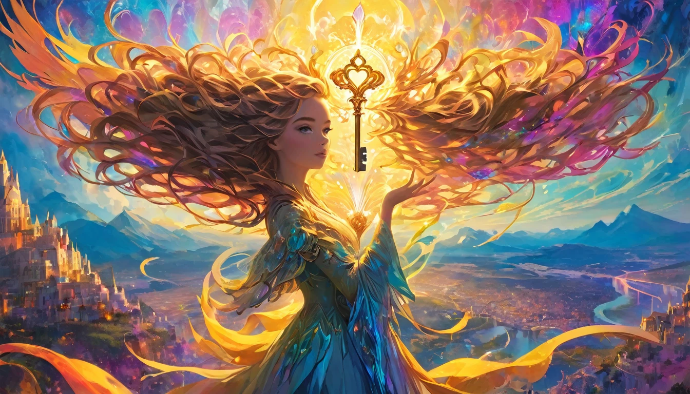 A girl holding a glowing key in her hand, representing the source of her courage. Her hair transforms into radiant, wing-like shapes, symbolizing her newfound  and breakthrough. The background is filled with bright colors and light, suggesting a hopeful and expansive future. The woman stands on a high point, overlooking a vast, illuminated landscape, embodying her growth and liberation from past constraints, dramatic light