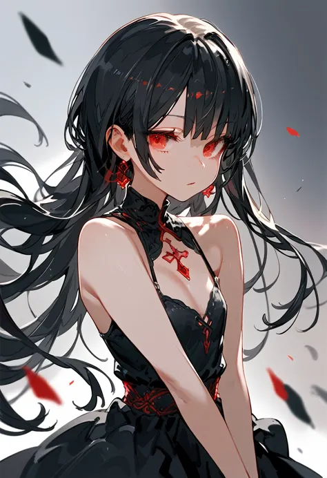 Black hair, red eyes, black dress, lowering her arms