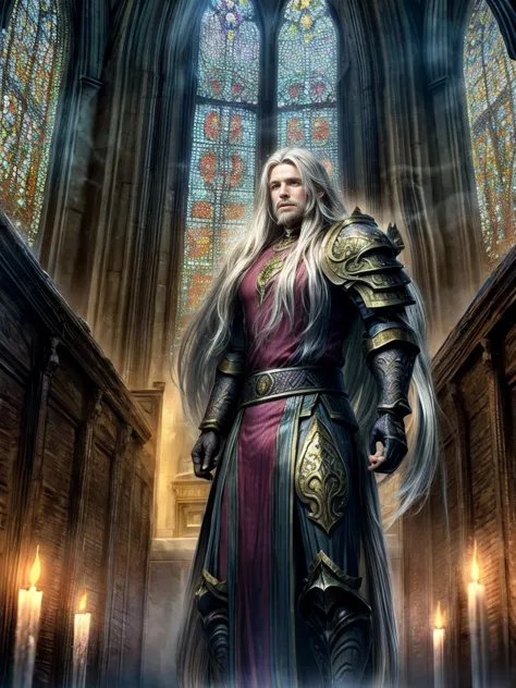 draego, a medieval knight in shining armor, (long hair:1.2), standing in front of an altar in a large cathedral, dramatic backdr...