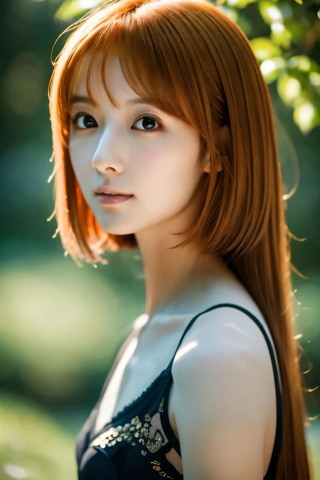 orange hair,1 girl, 21 years old, (realistic: 1.3), finely, quality, (masterpiece: 1.2), (photorealistic: 1.2), (best quality), (fine skin: 1.3), (intricate details), dramatic, ray tracing, photograph, Basking in the shadows, visual novel, full of hope, moonlight, film grain, kodak gold 200, The depth of the written boundary is 100mm, flicker