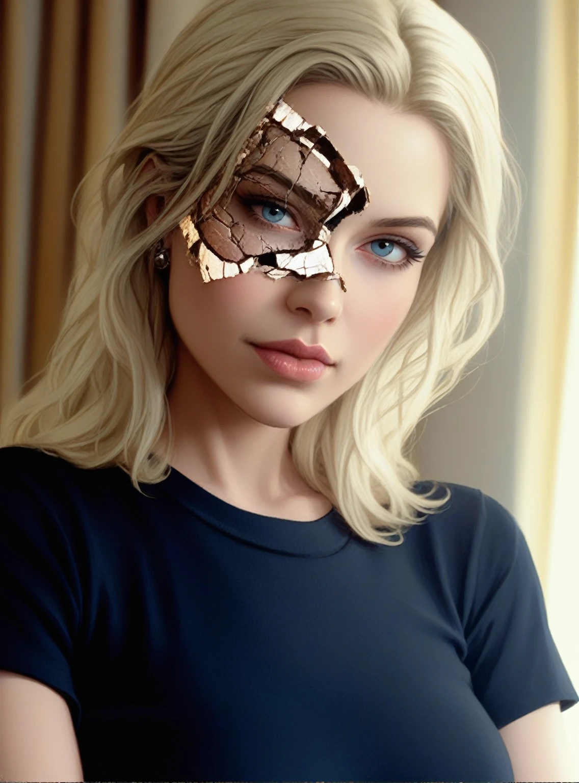 blonde Frau in a black shirt, Schönes fotorealistisches Gesicht, von Hedi Xandt, schönes hyperrealistisches Gesicht, eine Nahaufnahme eines Gesichts auf einer rissigen Oberfläche, inspiRot by Alberto Seveso, Zentrum ZBrush-Hervorhebung, oranges Feuer/blaue Eisdualität! portrait of an android, fraktale menschliche Silhouette, Rot, schwarze und grüne realistische 3D-Darstellung, Objekt aus rissiger Keramik, Frau, aus Lava. strange, verstörend, dunkel, Beängstigend, spannend, grimmig, sehr detailliert, Ultra HD, HDR