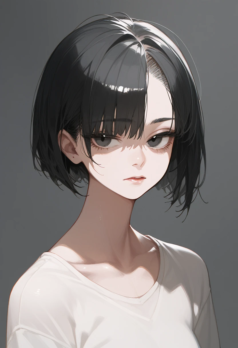 Girl 1, short black hair cut, empty black eyes, Korean features, high-level photography