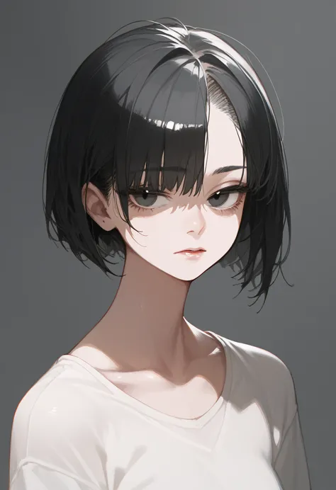 girl 1, short black hair cut, empty black eyes, korean features, high-level photography