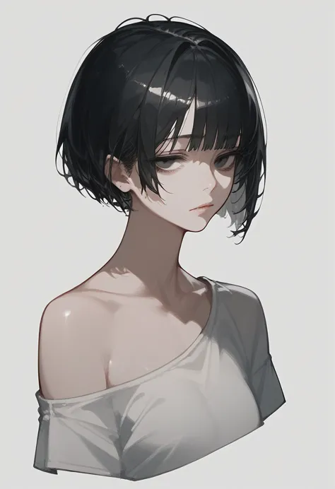 girl 1, short black hair cut, empty black eyes, photographed at the level of the face