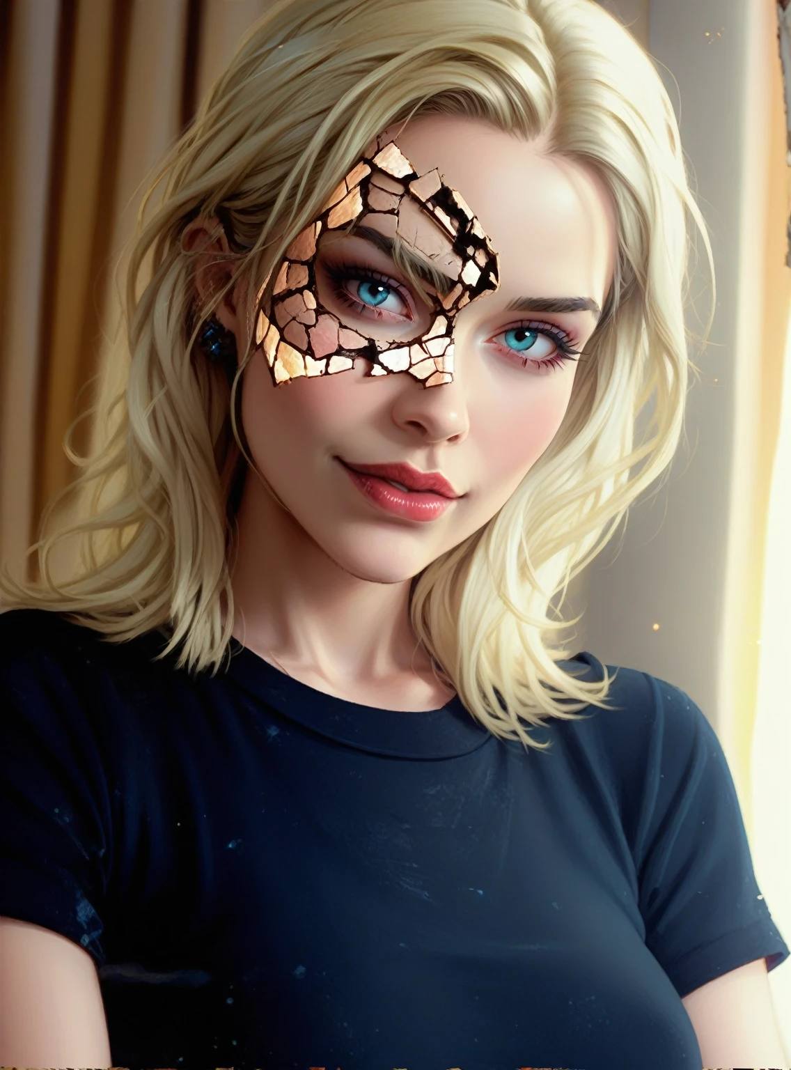 blonde Frau in a black shirt, Schönes fotorealistisches Gesicht, von Hedi Xandt, schönes hyperrealistisches Gesicht, eine Nahaufnahme eines Gesichts auf einer rissigen Oberfläche, inspiRot by Alberto Seveso, Zentrum ZBrush-Hervorhebung, oranges Feuer/blaue Eisdualität! portrait of an android, fraktale menschliche Silhouette, Rot, schwarze und grüne realistische 3D-Darstellung, Objekt aus rissiger Keramik, Frau, aus Lava. strange, verstörend, dunkel, Beängstigend, spannend, grimmig, sehr detailliert, Ultra HD, HDR