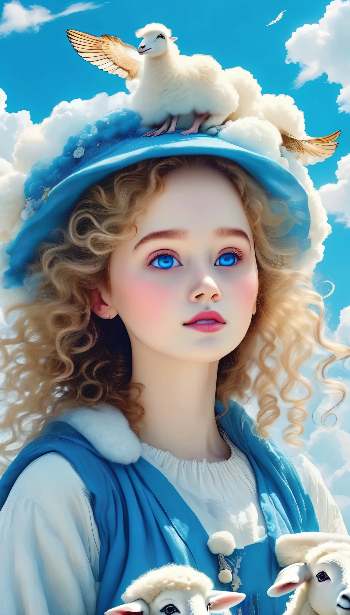 1 girl,bird,beautiful detailed blue eyes,cloud,curly hair,outdoor,furry trim,pom pom(clothes),sheep,sky,solo,upper body,wavy hair,(best quality,4k,8k,highres,masterpiece:1.2),ultra-detailed,(realistic,photorealistic,photo-realistic:1.37),beautiful portrait,fantasy,magical realism,vibrant colors,dramatic lighting