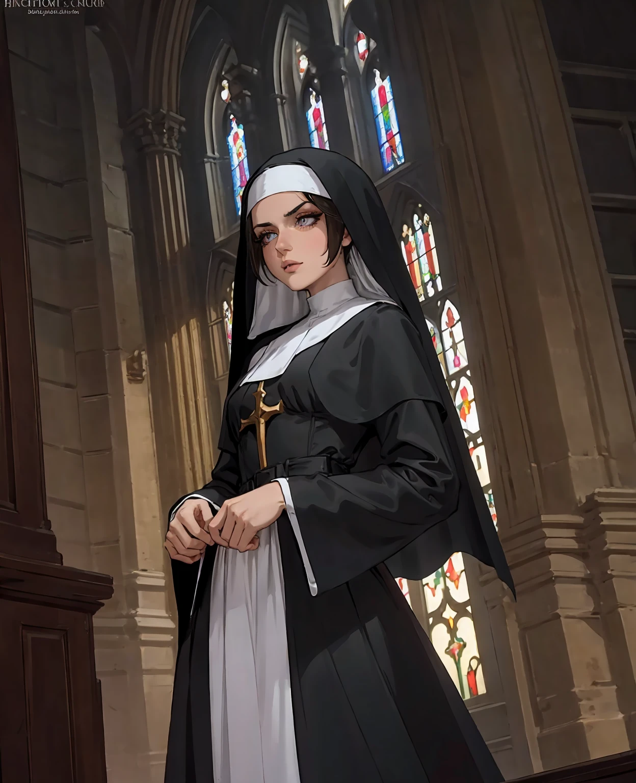 a nun with long brown hair, beautiful detailed eyes, beautiful detailed lips, extremely detailed face, longeyelashes, wearing a black nun habit, standing in a dimly lit cathedral interior, sunlight streaming through stained glass windows, intricate gothic architecture, ornate altar in the background, dramatic chiaroscuro lighting, cinematic composition, digital art, photorealistic, 8k, masterpiece