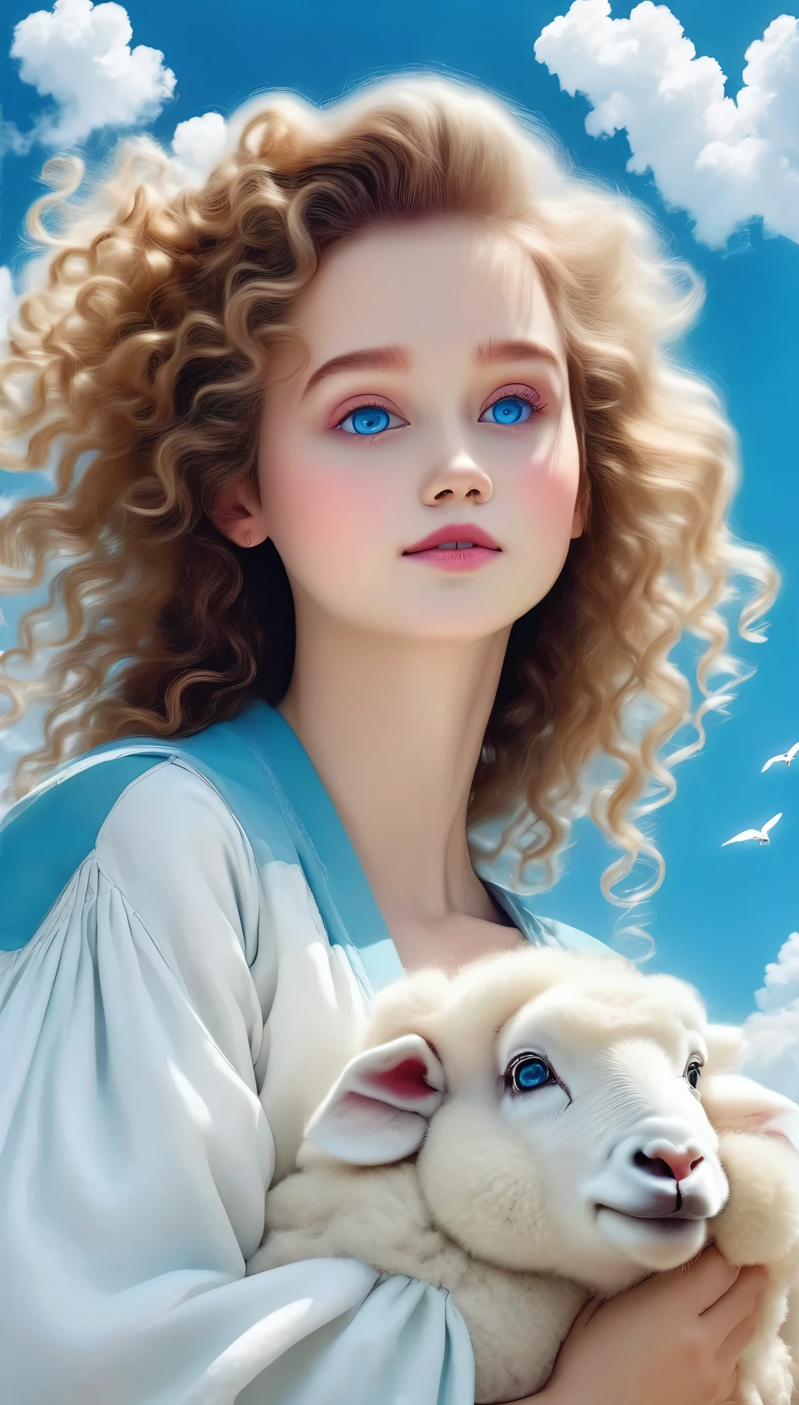 1 girl,bird,beautiful detailed blue eyes,cloud,curly hair,outdoor,furry trim,pom pom(clothes),sheep,sky,solo,upper body,wavy hair,(best quality,4k,8k,highres,masterpiece:1.2),ultra-detailed,(realistic,photorealistic,photo-realistic:1.37),beautiful portrait,fantasy,magical realism,vibrant colors,dramatic lighting