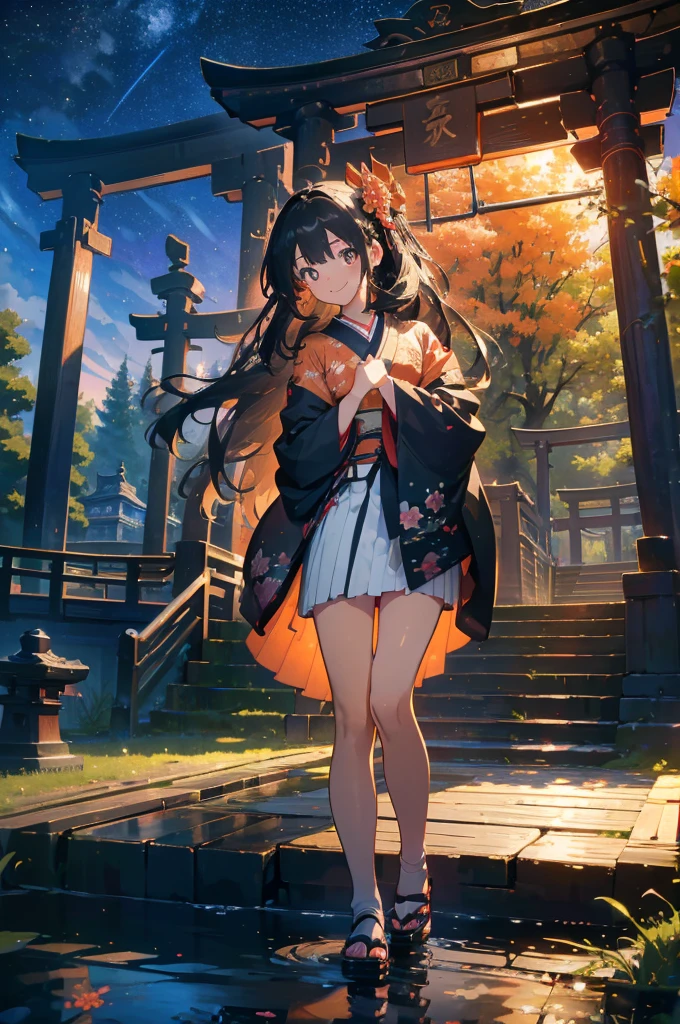 (masterpiece), (high resolution 8K), professional illustration,(1 girl:1.3), late teenage, standing, thigh focus, dutch angle, japanese clothes, kimono, hair ornament, long hair, smile, looking up, shrine, temple, torii, beautiful starry sky, night,natural lighting, high contrast, stunning face, symmetrical clear eyes, detailed eyes and face, detailed skin