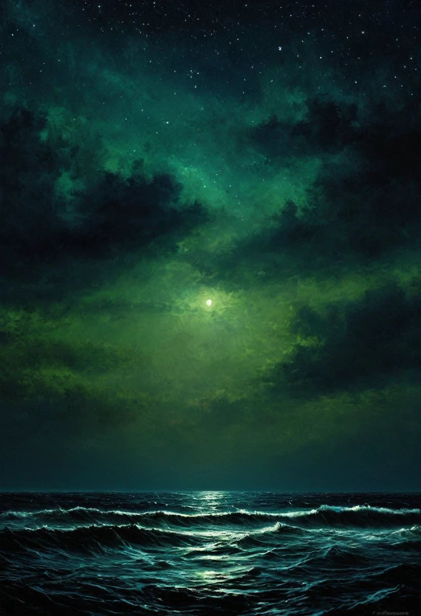 Sea , digital painting, high quality the darkest longest night of the year, style of Ralph Blakelock, Ed Emshwiller, Marianna Rothen, Arthur Rackham, Niko Anttila