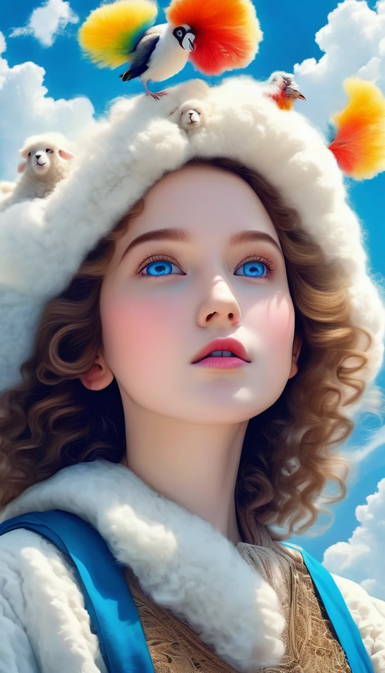 1 fille,oiseau,beaux yeux bleus détaillés,nuage,cheveux bouclés,Extérieur,bordure en fourrure,pom pom(vêtements),mouton,Ciel,seulement,Haut du corps,cheveux ondulés,(Meilleure qualité,4k,8k,haute résolution,chef-d&#39;œuvre:1.2),ultra-détaillé,(Réaliste,photoRéaliste,photo-Réaliste:1.37),beau portrait,fantaisie,réalisme magique,couleurs vives,Éclairage dramatique