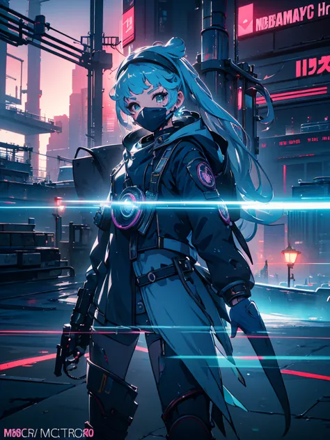 a beautiful detailed anime girl, sexy urban futuristic outfit, subzero mortal kombat mask covering mouth, submachine gun on back...