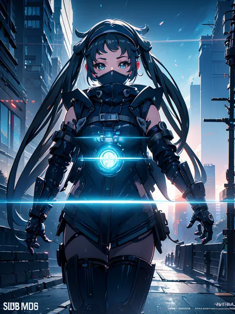 a beautiful detailed anime girl, sexy urban futuristic outfit, subzero mortal kombat mask covering mouth, submachine gun on back...