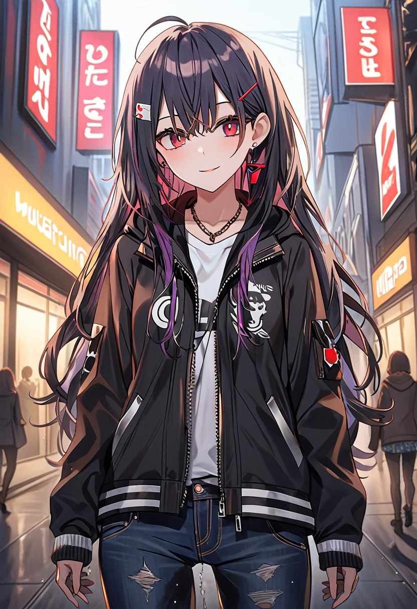 (masterpiece:1.37), best quality, (extremely detailed:1.37), woman, (very long hair:1.5), (dark purple hair:1.5), purple eyes, (extremely detailed eyes:1.37), (wetting self:1.5), large breasts, stylish jacket, multicolored jackt, jeans, cleavage, navel, city, high-tech, street, full body