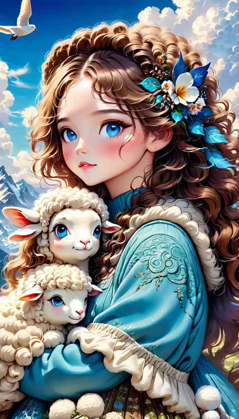 1 girl,bird,beautiful detailed blue eyes,cloud,curly hair,outdoor,furry trim,pom pom(clothes),sheep,sky,solo,upper body,wavy hai...