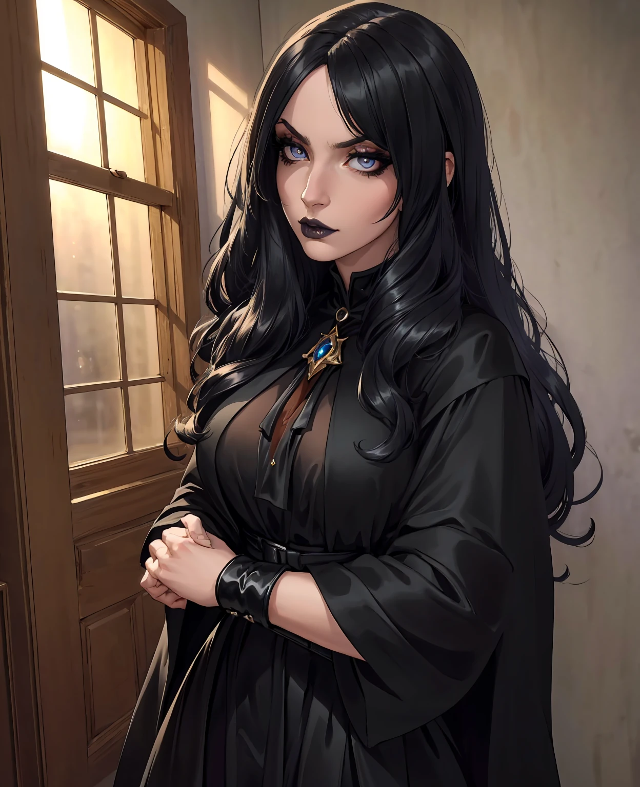 beautiful young woman, elegant witch, fantasy witch, long dark hair, mysterious eyes, subtle makeup, dark lipstick, black magic, dark fantasy, black dress, victorian style, hooded cloak, enchanting pose, ethereal, glowing magical aura, moody lighting, dark color palette, dramatic chiaroscuro, cinematic, (best quality,4k,8k,highres,masterpiece:1.2),ultra-detailed,(realistic,photorealistic,photo-realistic:1.37)