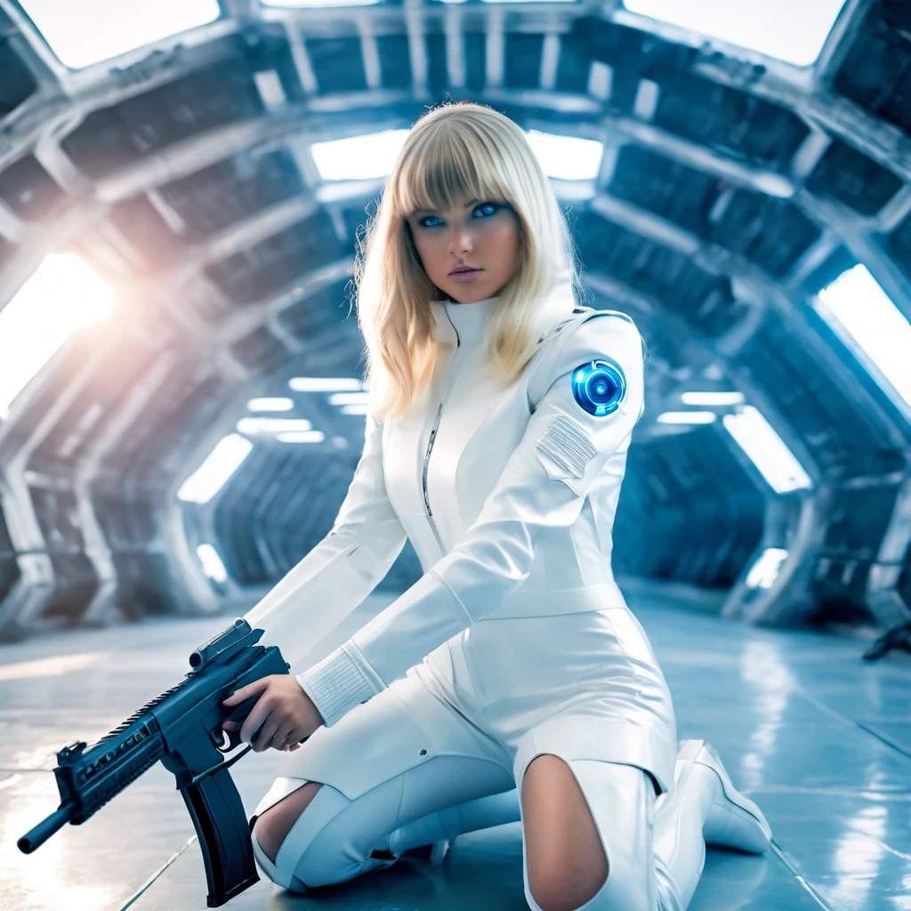 20 year old girl, blonde with shoulder-length straight hair with bangs, Body cute, blue colored eyes, spy agent, futuristic white costume, Science fiction, wielding a gun with both hands, sultry posing, on his knees, looking at the screen. Environment a hangar in space, Sunnyday. 