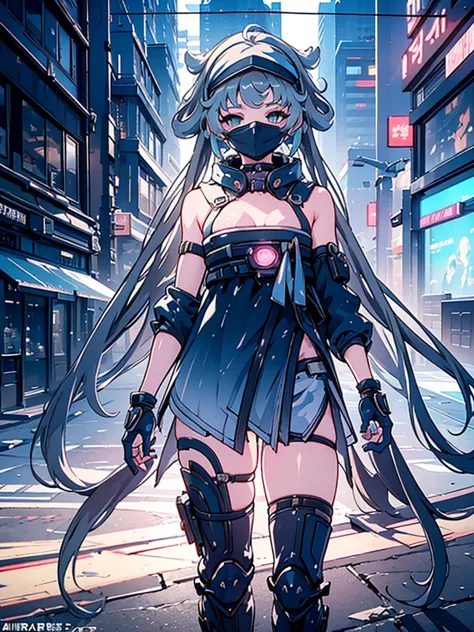 a beautiful detailed anime girl, sexy urban futuristic outfit, subzero mortal kombat mask covering mouth, submachine gun on back...