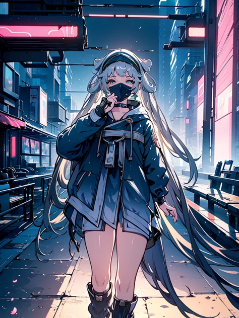 a beautiful detailed anime girl, sexy urban futuristic outfit, subzero mortal kombat mask covering mouth, submachine gun on back...