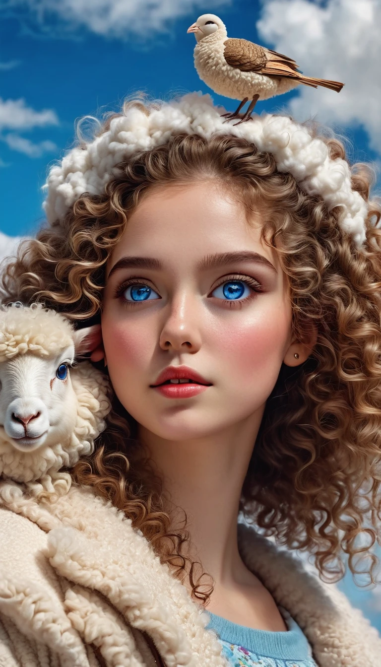 1 girl,bird,beautiful detailed blue eyes,cloud,curly hair,outdoor,furry trim,pom pom(clothes),sheep,sky,solo,upper body,wavy hair,(best quality,4k,8k,highres,masterpiece:1.2),ultra-detailed,(realistic,photorealistic,photo-realistic:1.37),beautiful portrait,fantasy,magical realism,vibrant colors,dramatic lighting