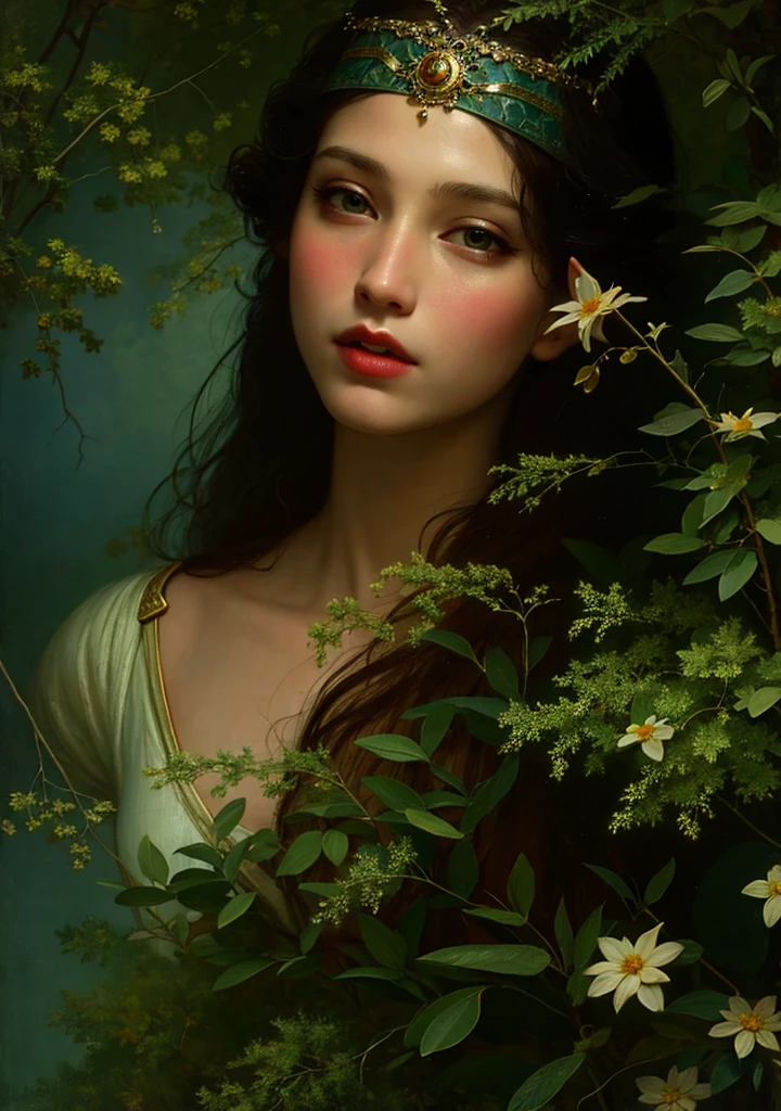 (masterpiece, best quality:1.2), (((oil paint))), 1girl, solo,  (masterpiece, ultra quality, high resolution, 8k, intricate: 1.2). female elf, looking at viewer, flowizng cloths and silver amor, the silent forested, mysterious, fantasy art, Donato Giancola, craig mullins, parth, masterful strokes legendary