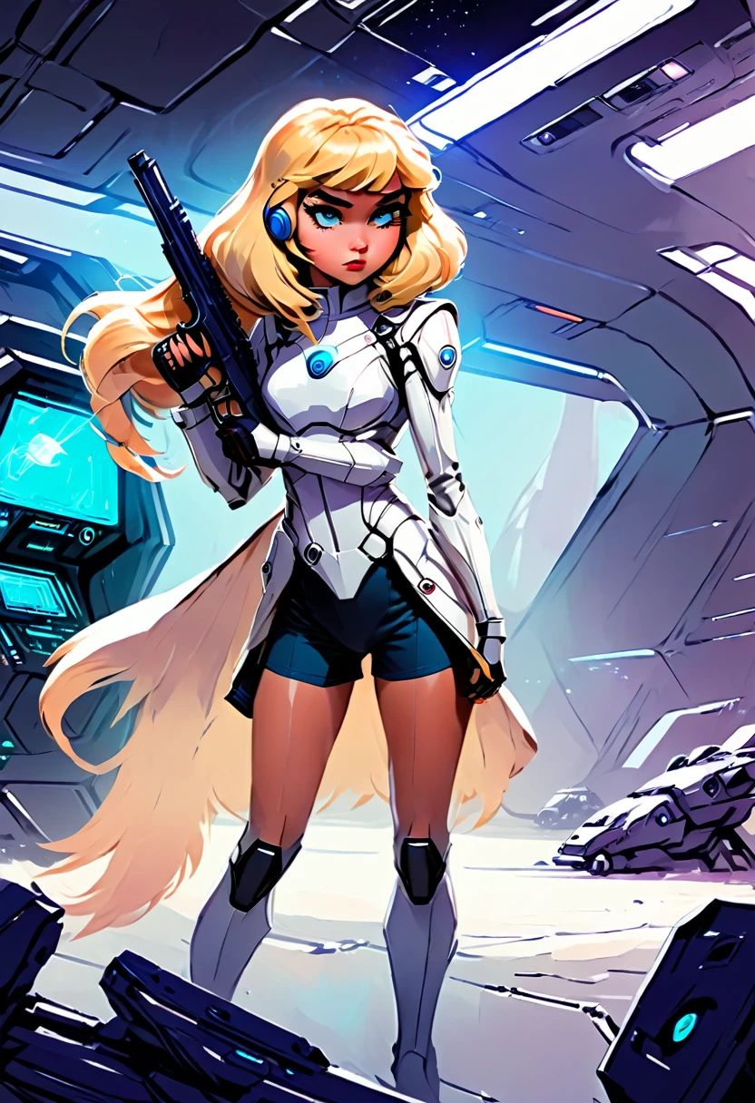 20 year old girl, blonde with shoulder-length straight hair with bangs, Body cute, blue colored eyes, spy agent, futuristic white costume, Science fiction, wielding a gun with both hands, sultry posing, on his knees, looking at the screen. Environment a hangar in space, Sunnyday. 