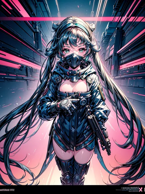 a beautiful detailed anime girl, sexy urban futuristic outfit, subzero mortal kombat mask covering mouth, submachine gun on back...