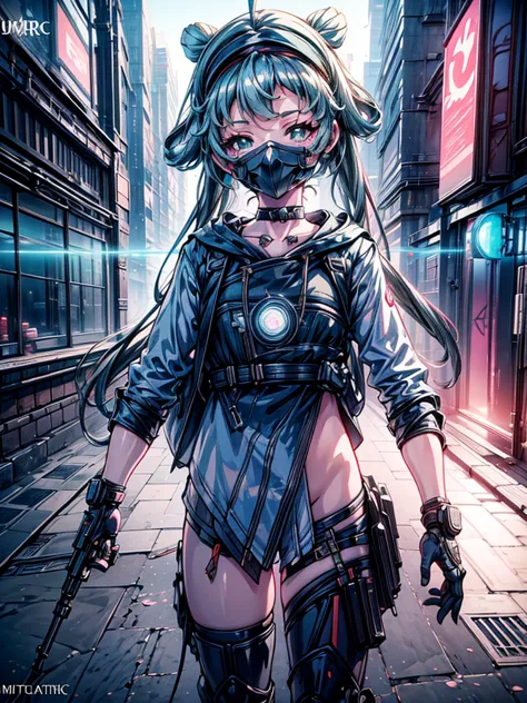 a beautiful detailed anime girl, sexy urban futuristic outfit, subzero mortal kombat mask covering mouth, submachine gun on back...