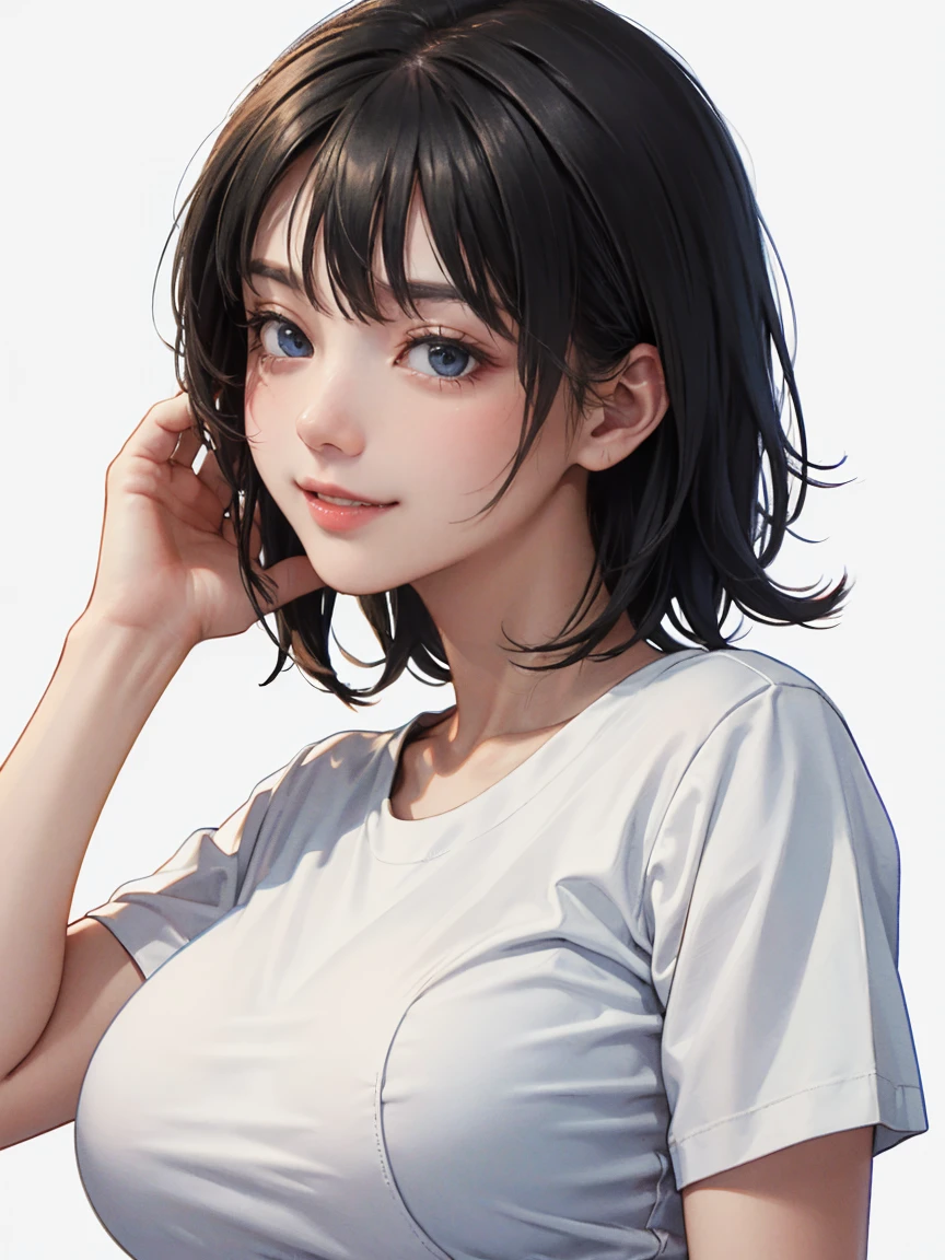 detailed eyes ,huge breasts , short hairstyle , portrait , white t-shirt , black background , black hair , smile , black eyes 