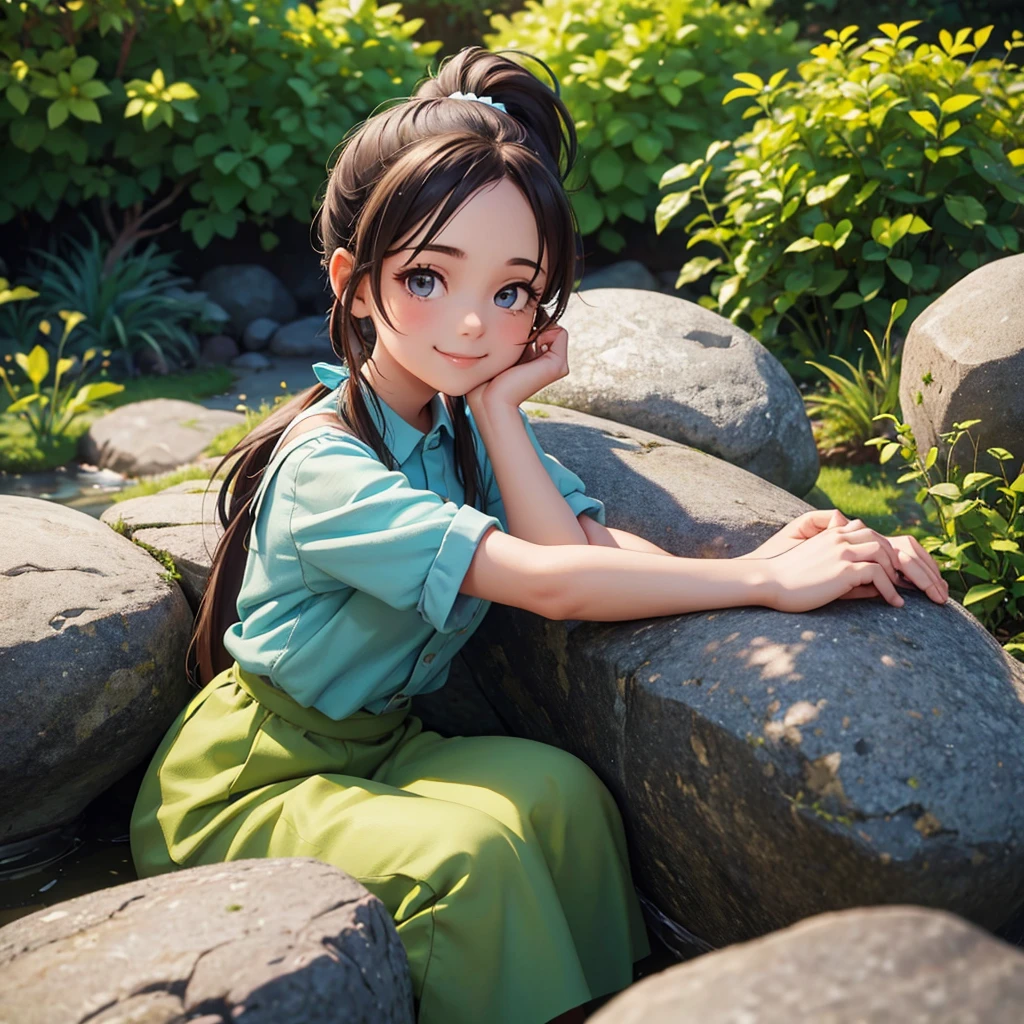 girl with ponytail hair sitting on a rock with a garden in the background, her hands are resting on the rock she looks at the camera with a beautiful smile
