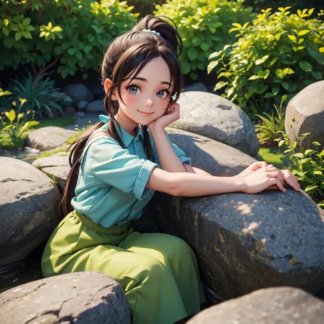 girl with ponytail hair sitting on a rock with a garden in the background, her hands are resting on the rock she looks at the ca...