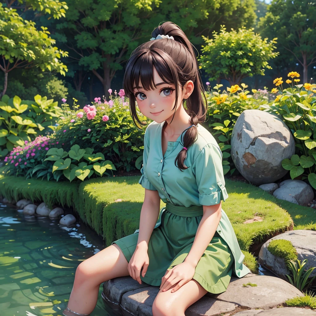 girl with ponytail hair sitting on a rock with a garden in the background, her hands are resting on the rock she looks at the camera with a beautiful smile
