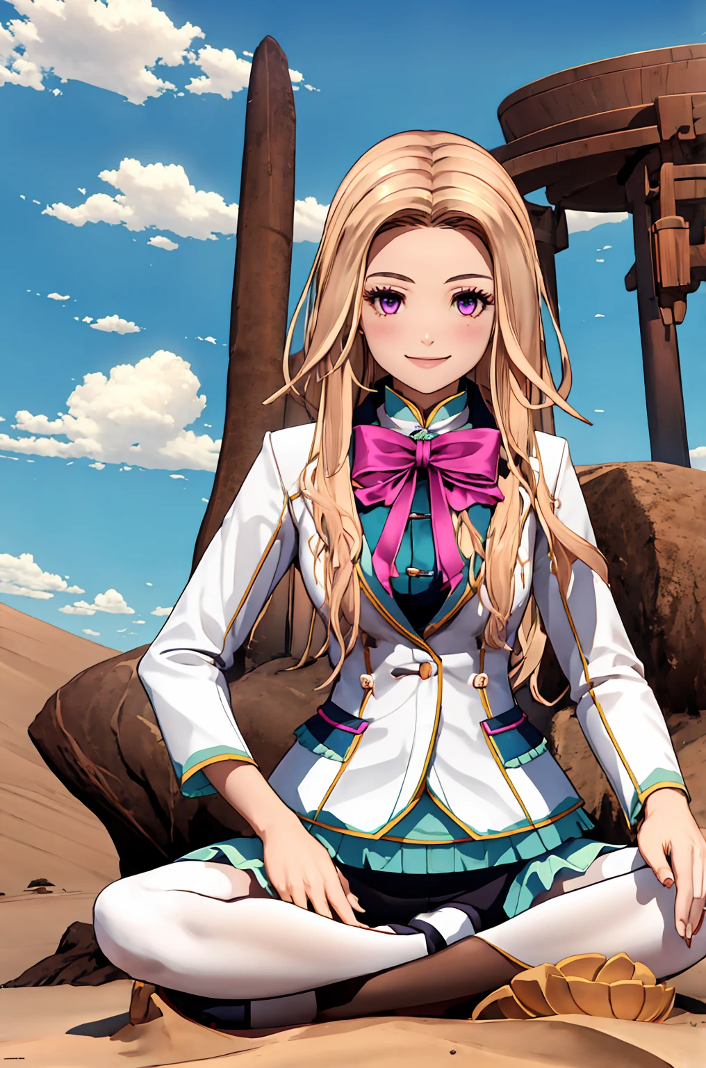 Highest quality, (Tabletop:1.2), figure, Absurd,   
(One Girl), (alone), (Beautiful detailed girl), whole body, 
Blonde, Long Hair, Swept-apart bangs, amount, Purple eyes, Medium chest,
White suit, Green undershirt, Green ruffles, (White mini skirt:1.5), Pink Ribbon, black_pantyhose, High heels, (((Indian Style, lotus position、Sit on the ground))), ((Skirt rip, Showing panties)), ((Panties under pantyhose)),
View your viewers, smile,
desert, sun, Sky Porn,