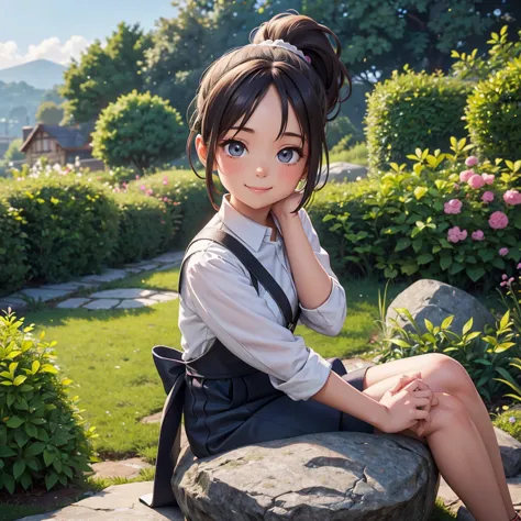 girl with ponytail hair sitting on a rock with a garden in the background, her hands are resting on the rock she looks at the ca...