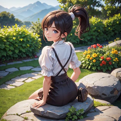 girl with ponytail hair sitting on a rock with a garden in the background, her hands are resting on the rock she looks at the ca...