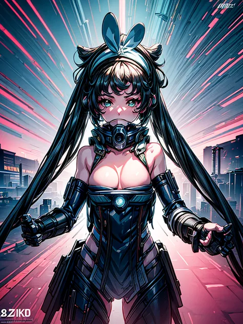 a beautiful detailed anime girl, sexy urban futuristic outfit, subzero mortal kombat mask covering mouth, submachine gun on back...